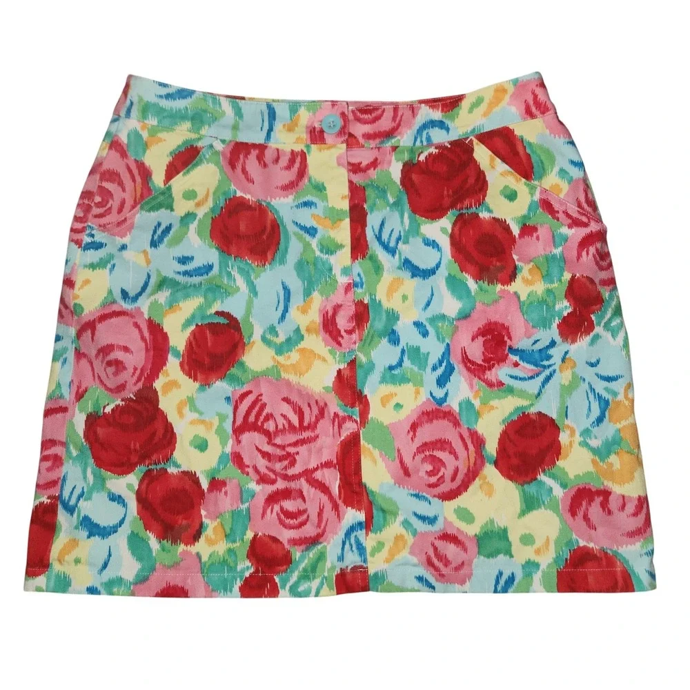 Talbots Womens Floral Print A-Line Stretch Skirt Size 10 Pink Red Blue Yellow